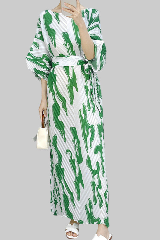 2025 Fall Winter Pleated Printed Maxi Dress – V-Fold Design, Elegant Casual Style for Women