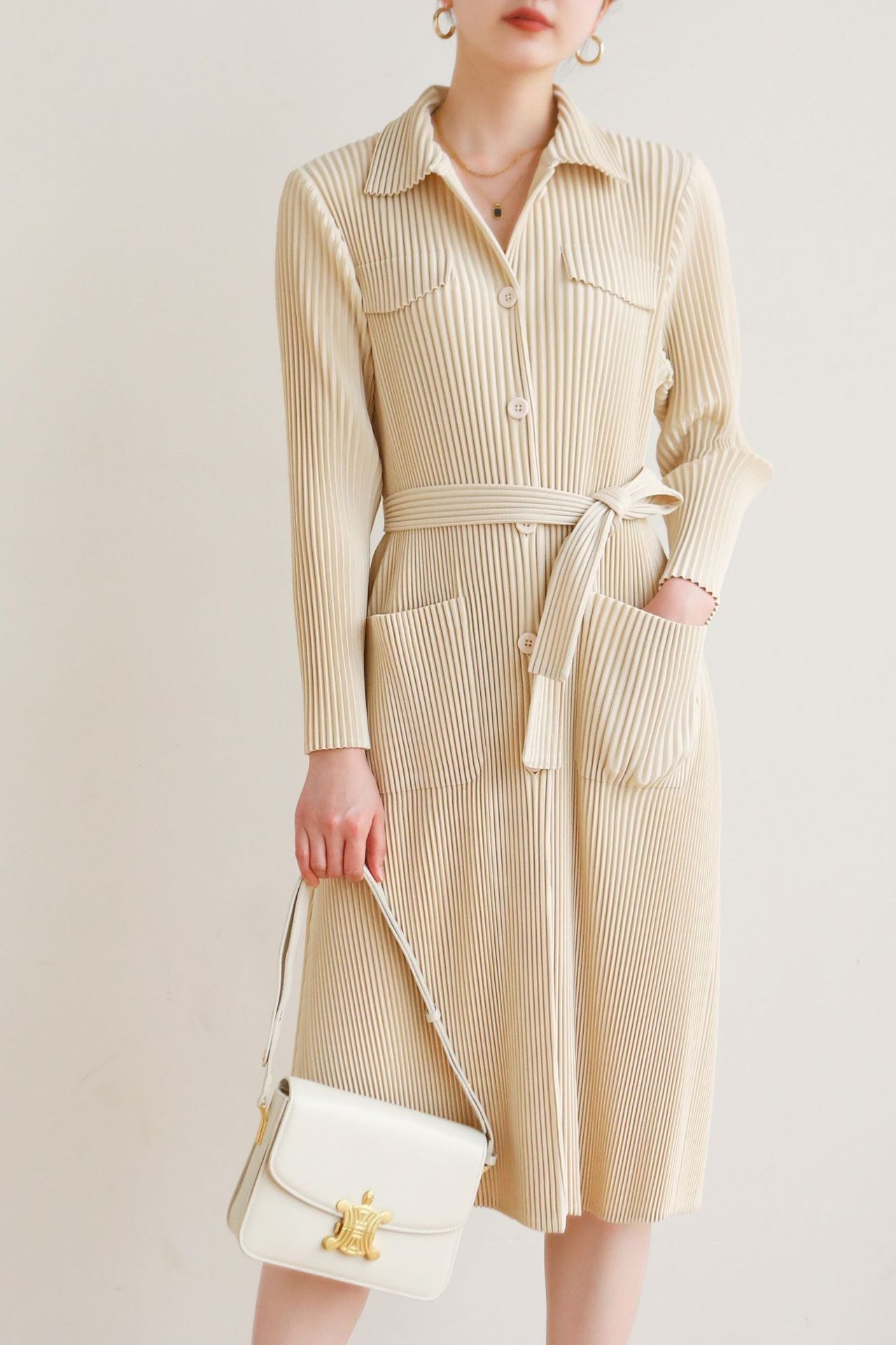 Pleated Casual Windbreaker Jacket – British Style Mid-Length Trench for Women