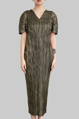 Pleats Art Style Pleated Banquet Dress – Metallic Irregular Long Style