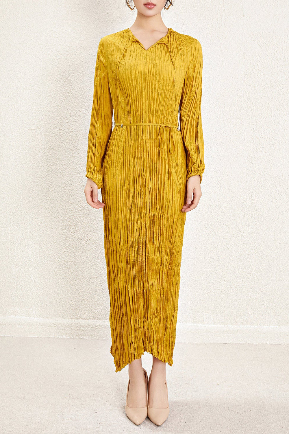 Pleats Art Style Pleated Dress – Irregular Long Sleeve Cinched Waist