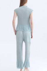 2025 spring/summer new Miyake personalized tassel solid color sleeveless suit semi-turtleneck top straight-leg trousers two-piece set