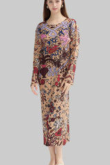 Pleated Printed Maxi Dress – Elegant Loose Long Sleeve Style