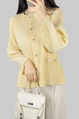 2025 Fall Winter Pleated Striped Jacket – Minimalist Crew Neck, Single-Breasted Casual Style for Women