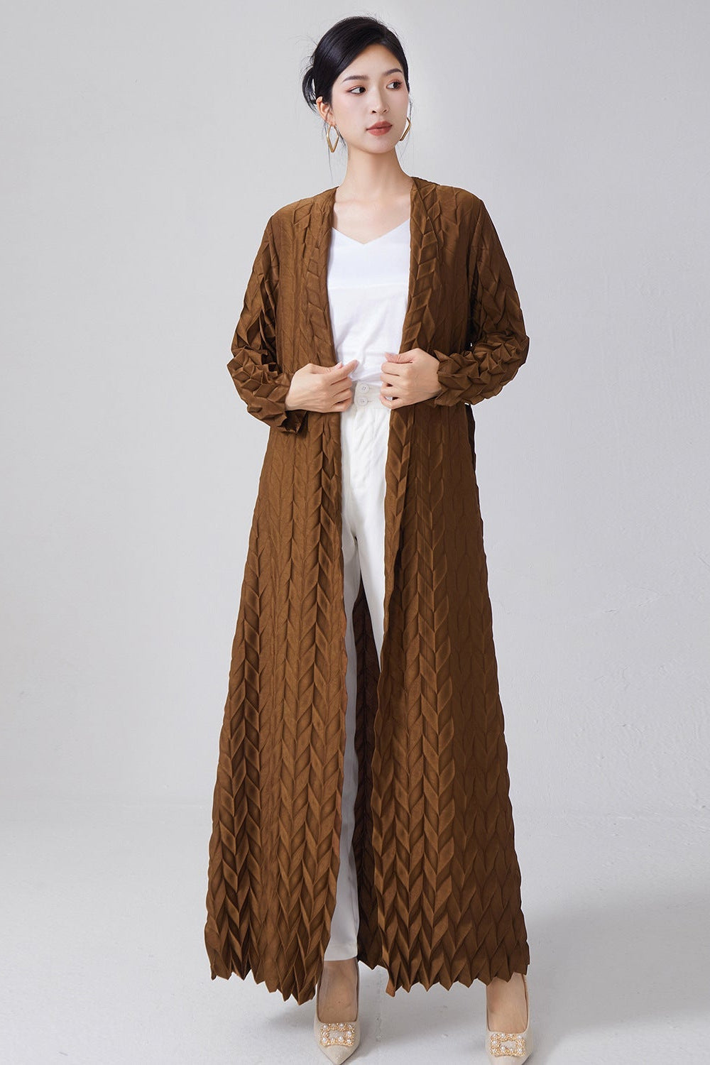 Pleats Please Lace-Up Trench Coat – Plus-Size Friendly Pleated Mid-Length Jacket