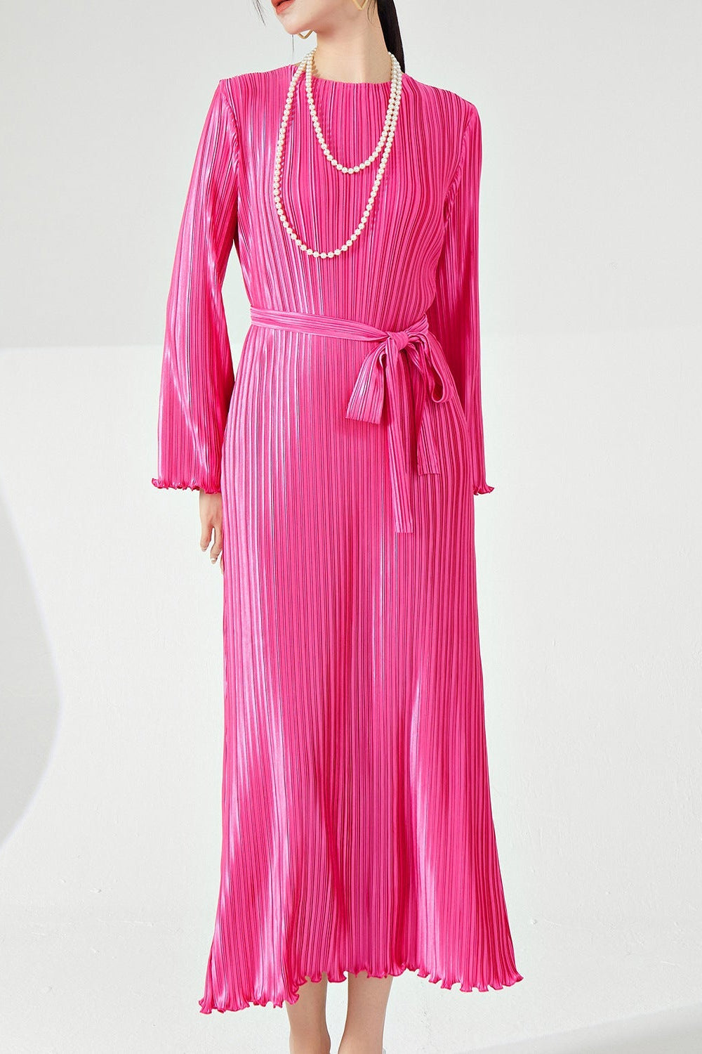 Pleats Please Long-Sleeve Maxi Dress – Pleated Lace-Up Waist Casual Style