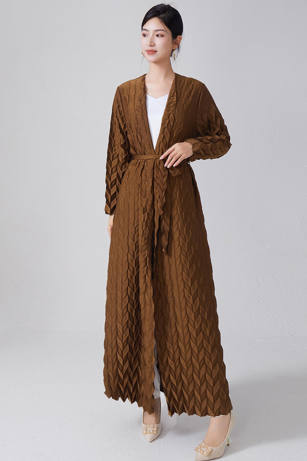 Pleats Please Lace-Up Trench Coat – Plus-Size Friendly Pleated Mid-Length Jacket