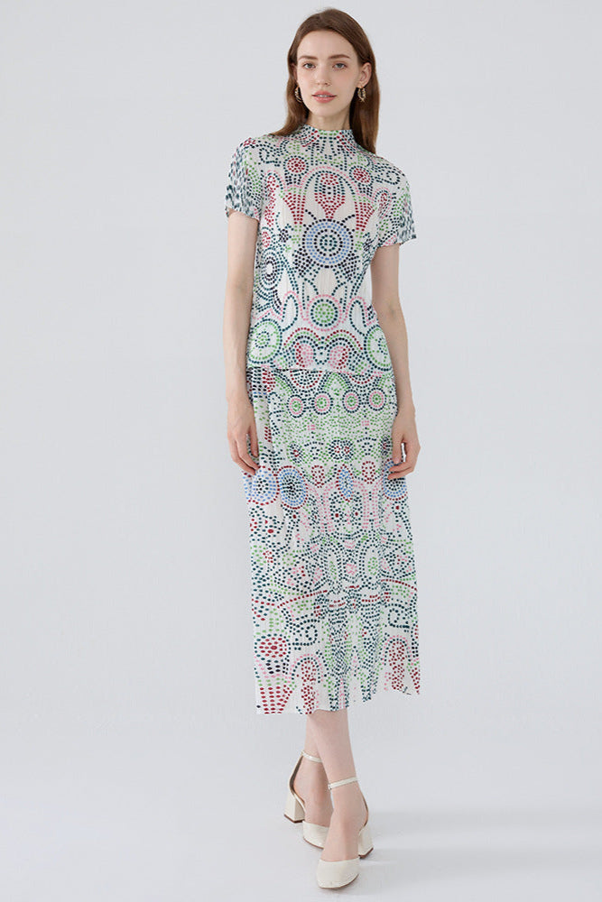 Boho Two-Piece Set – Printed Short Sleeve Top and Loose Skirt