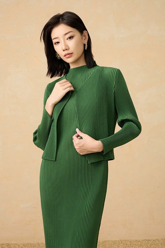 2025 Pre-Fall Pleated Two-Piece Set – Solid Color Long-Sleeve Cardigan & Elegant Dress