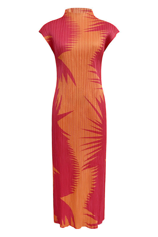 Pleats Art Style Pleated Dress – Sleeveless Half-Turtleneck Midi Print