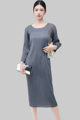 Pleats Art Style Pleated Dress – Long Sleeve Solid Color Mid-Length Loose Fit