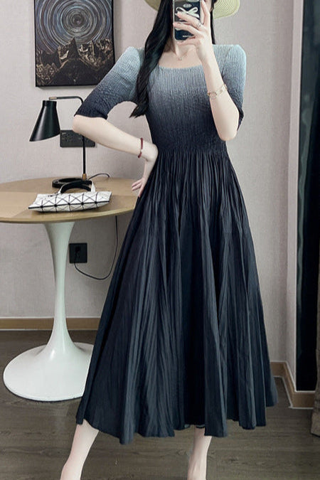 Pleats Art Style Gradient Pleated Dress – 2025 Summer Luxury Feminine A-Line Maxi Skirt