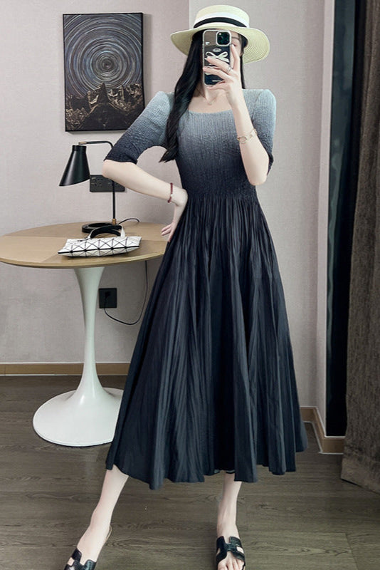 Pleats Art Style Gradient Pleated Dress – 2025 Summer Luxury Feminine A-Line Maxi Skirt