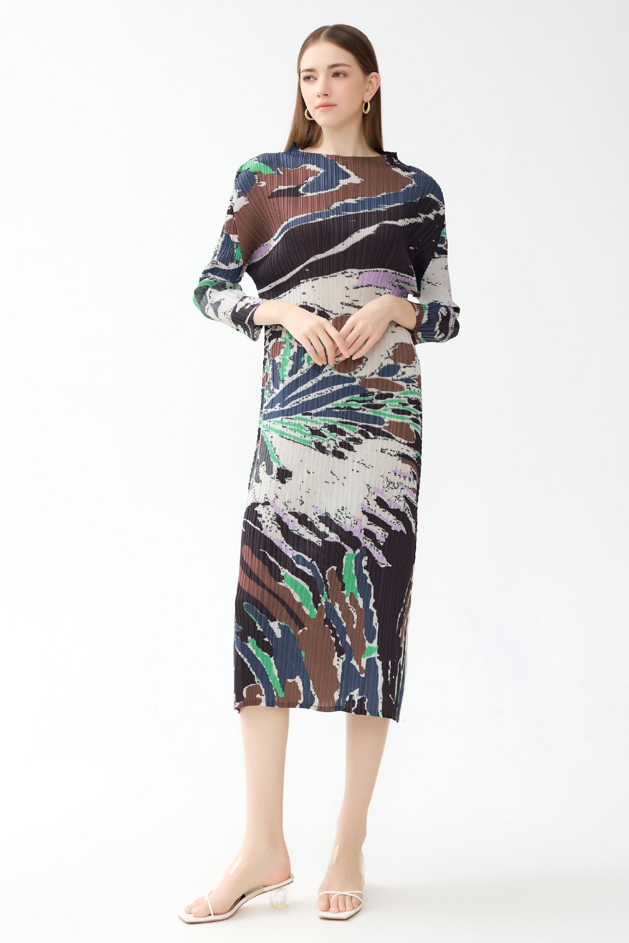 Miyake spring new A-line skirt premium print half-high neck casual pleated long-sleeved small fragrance dress women