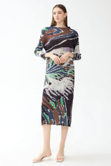 Miyake spring new A-line skirt premium print half-high neck casual pleated long-sleeved small fragrance dress women