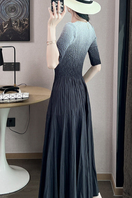 Pleats Art Style Gradient Pleated Dress – 2025 Summer Luxury Feminine A-Line Maxi Skirt