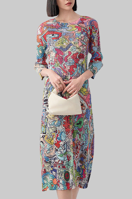 Women’s Summer Pleated Maxi Dress – Graffiti Print Loose Slimming Style