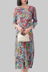 Women’s Summer Pleated Maxi Dress – Graffiti Print Loose Slimming Style