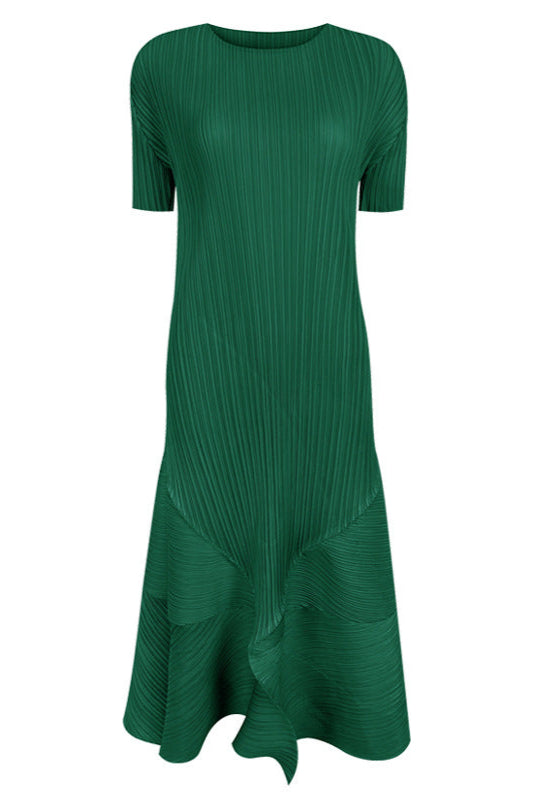 Pleats Art Style Pleated Dress – Short Sleeve Crew Neck Midi