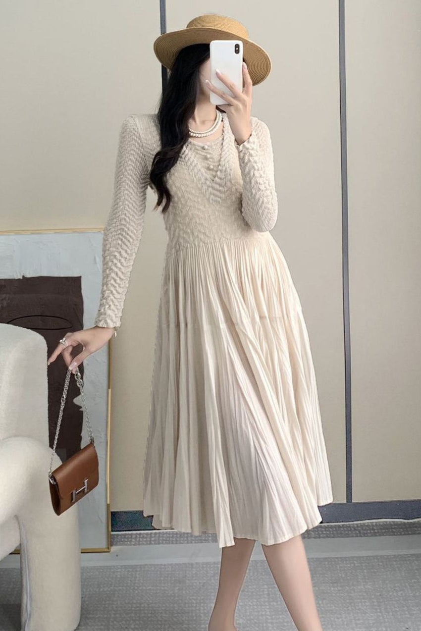 Pleated Solid Color A-Line Maxi Dress – Elegant Waist-Tied Style for Women