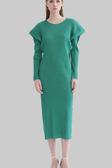 Pleats Art Style Long-Sleeve Pleated Dress – Slim Fit, Solid Color