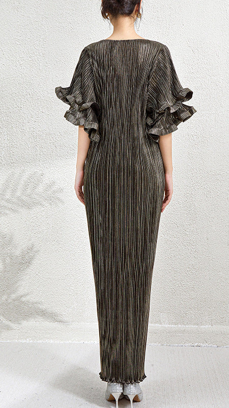 Pleats Art Style Pleated Dress – Metallic Slim Fit with Double-Layer Ruffled Sleeves