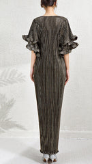 Pleats Art Style Pleated Dress – Metallic Slim Fit with Double-Layer Ruffled Sleeves