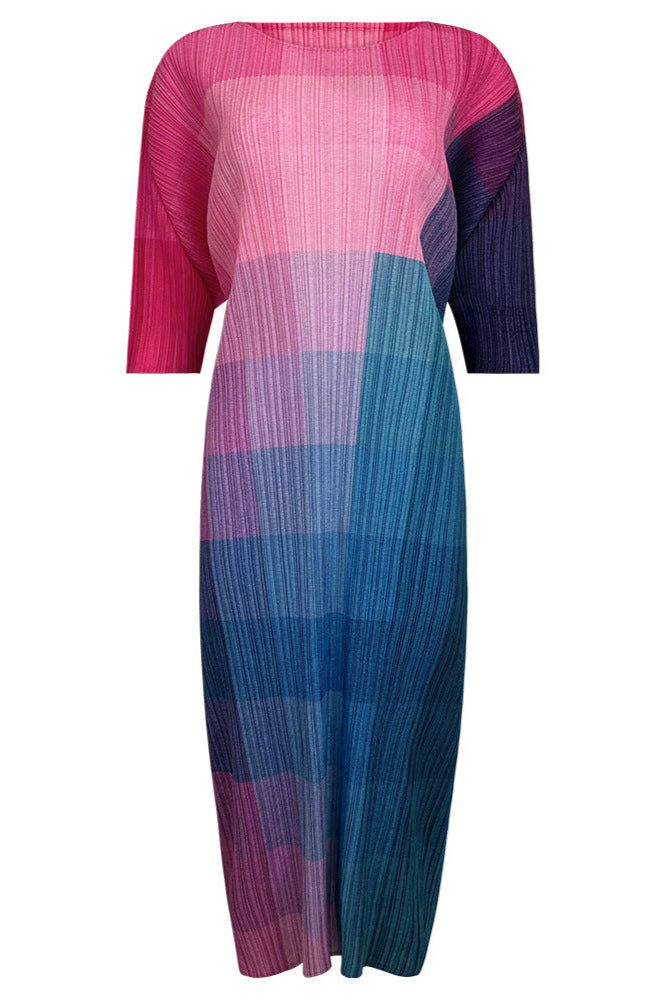 Pleats Art Style Color-Block A-Line Pleated Dress – Mid-Length Rainbow Design