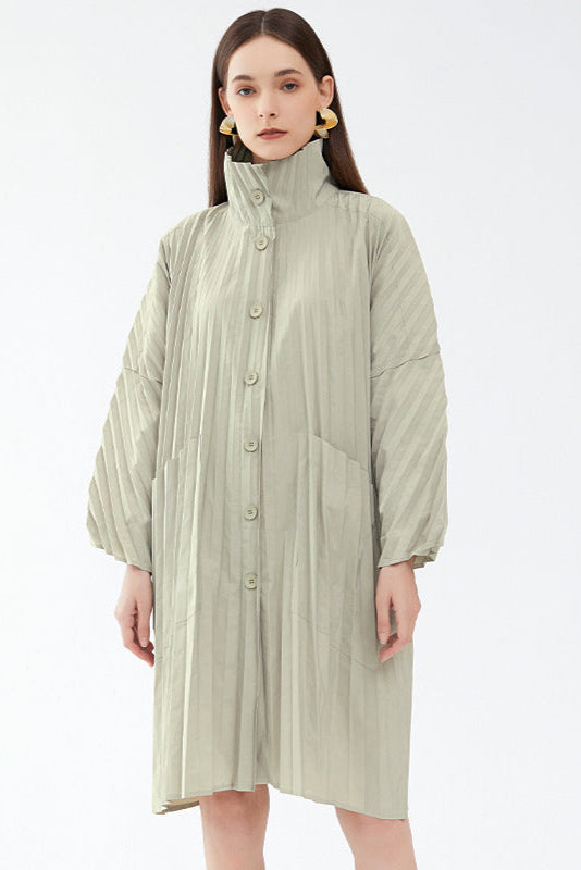 Pleats Please Solid Color Windbreaker – Pleated Midi-Length Trench Coat