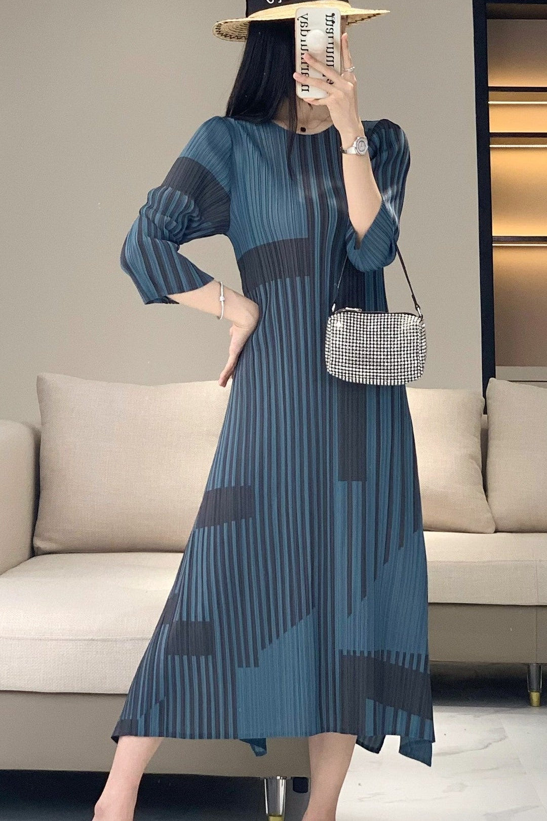 Pleated Style Striped Vintage Slim Dress – Elegant Pleats Midi for Women