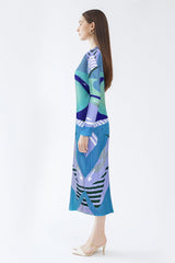 Pleated Printed A-Line Midi Dress – Slim Long Sleeve Women’s Style