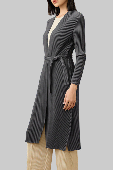 2025 Fall Pleated Long Trench Coat – Thick Fabric, Elegant Style, Lace-Up Mid-Length Jacket