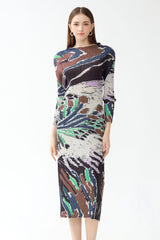 Miyake spring new A-line skirt premium print half-high neck casual pleated long-sleeved small fragrance dress women