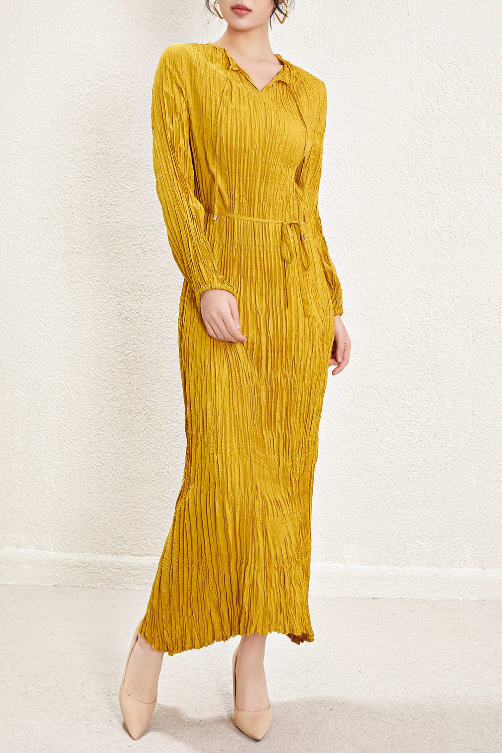 Pleats Art Style Pleated Dress – Irregular Long Sleeve Cinched Waist