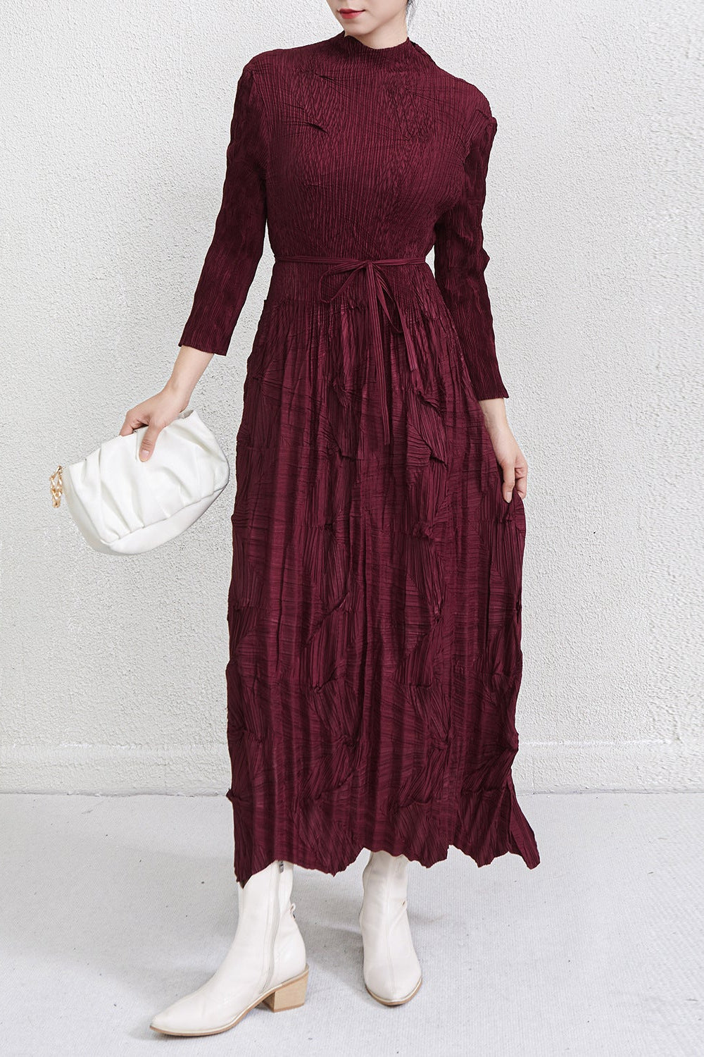 Pleats Art Style Pleated Maxi Dress – Lace-Up Waist Irregular Design
