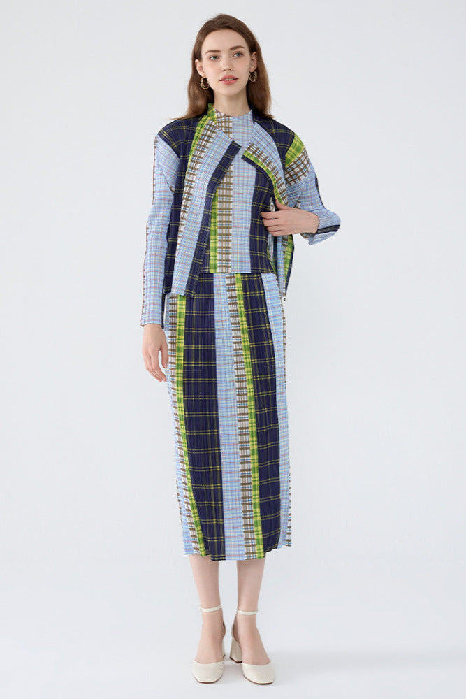 Pleats Art Style Three-Piece Set – Vintage Plaid Pleated Skirt, Long-Sleeve Top & Sleeveless Vest