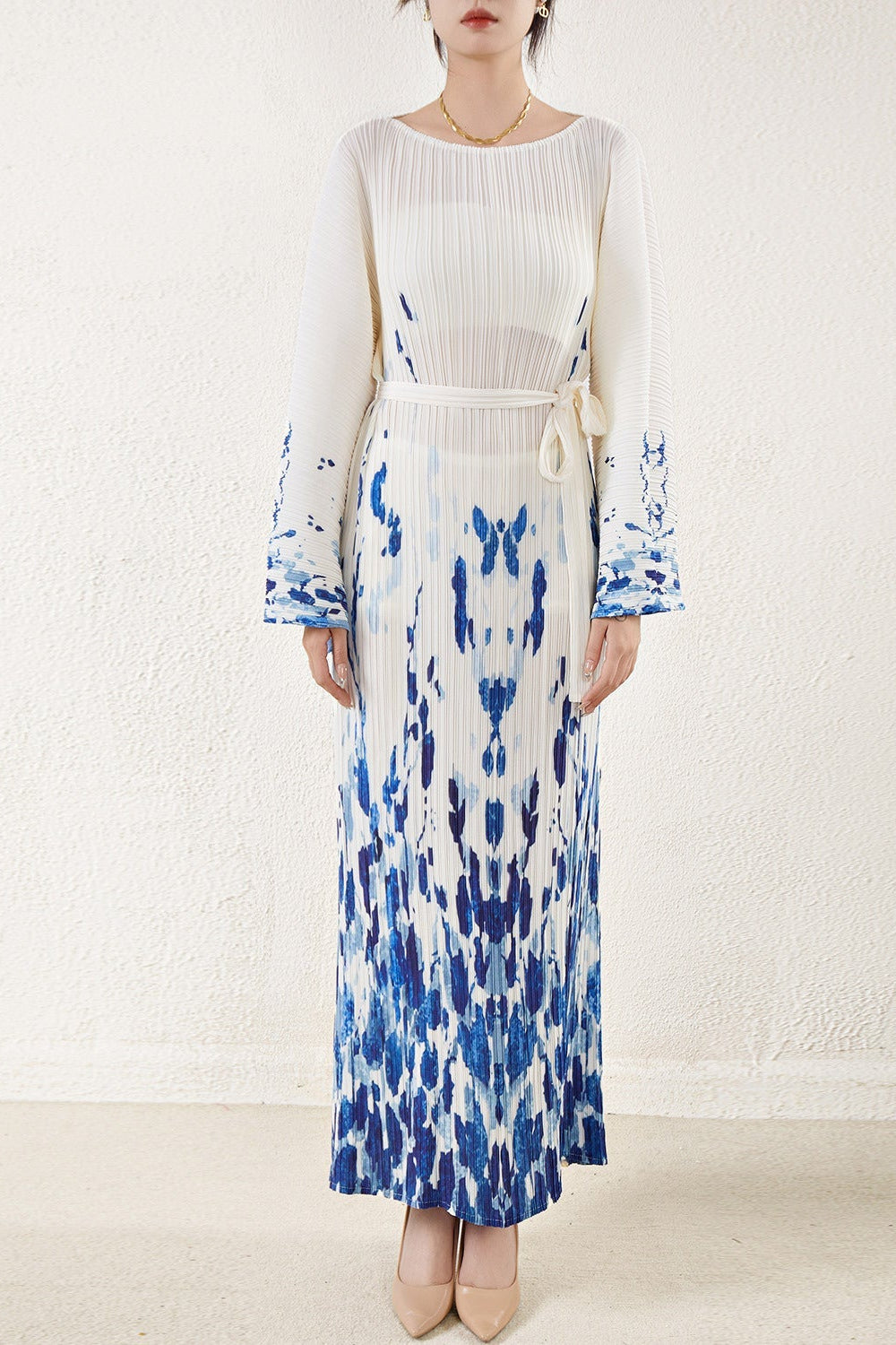 Pleated Printed Lace-Up Straight Dress – Elegant and Modern Women’s Style