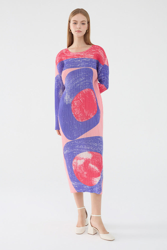 Pleatsart Wrinkle-Free Travel-Friendly Circle Print Midi Dress