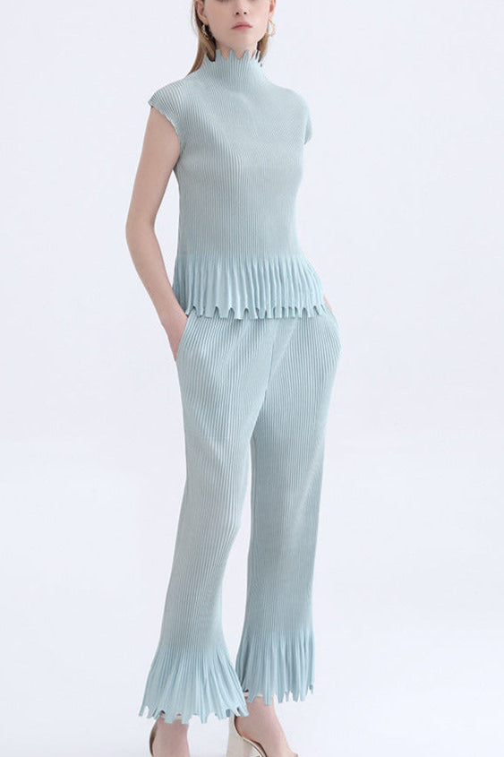 2025 spring/summer new Miyake personalized tassel solid color sleeveless suit semi-turtleneck top straight-leg trousers two-piece set