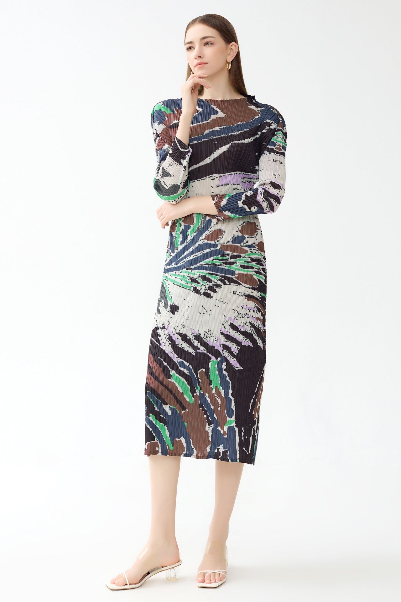 Miyake spring new A-line skirt premium print half-high neck casual pleated long-sleeved small fragrance dress women