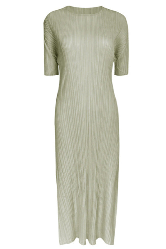 Pleated Solid Color Midi Dress – Short Sleeve Slim A-Line Style