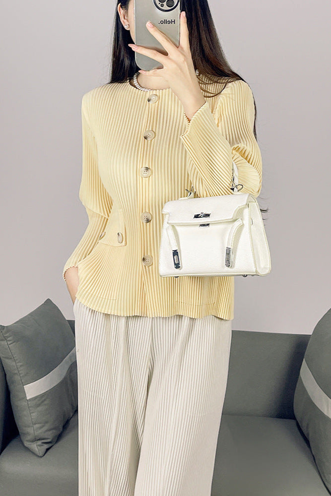 2025 Fall Winter Pleated Striped Jacket – Minimalist Crew Neck, Single-Breasted Casual Style for Women