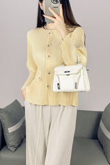2025 Fall Winter Pleated Striped Jacket – Minimalist Crew Neck, Single-Breasted Casual Style for Women