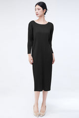 Pleats Art Style Pleated Dress – Long Sleeve Solid Color Mid-Length Loose Fit