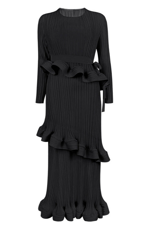 Pleats Art Style Ruffled Lace-Up Pleated Dress – Long Sleeve Midi