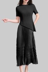 Pleats Art Style Two-Piece Set – Irregular Pleated Top & Elastic Waist Skirt