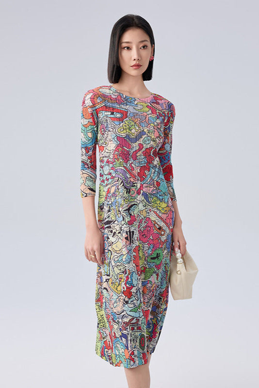 Women’s Summer Pleated Maxi Dress – Graffiti Print Loose Slimming Style