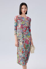 Women’s Summer Pleated Maxi Dress – Graffiti Print Loose Slimming Style