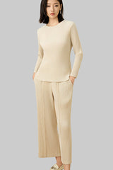 2025 Fall Pleated Long Sleeve T-Shirt & Straight-Leg Pants Set – Relaxed Solid Color, Everyday Comfort