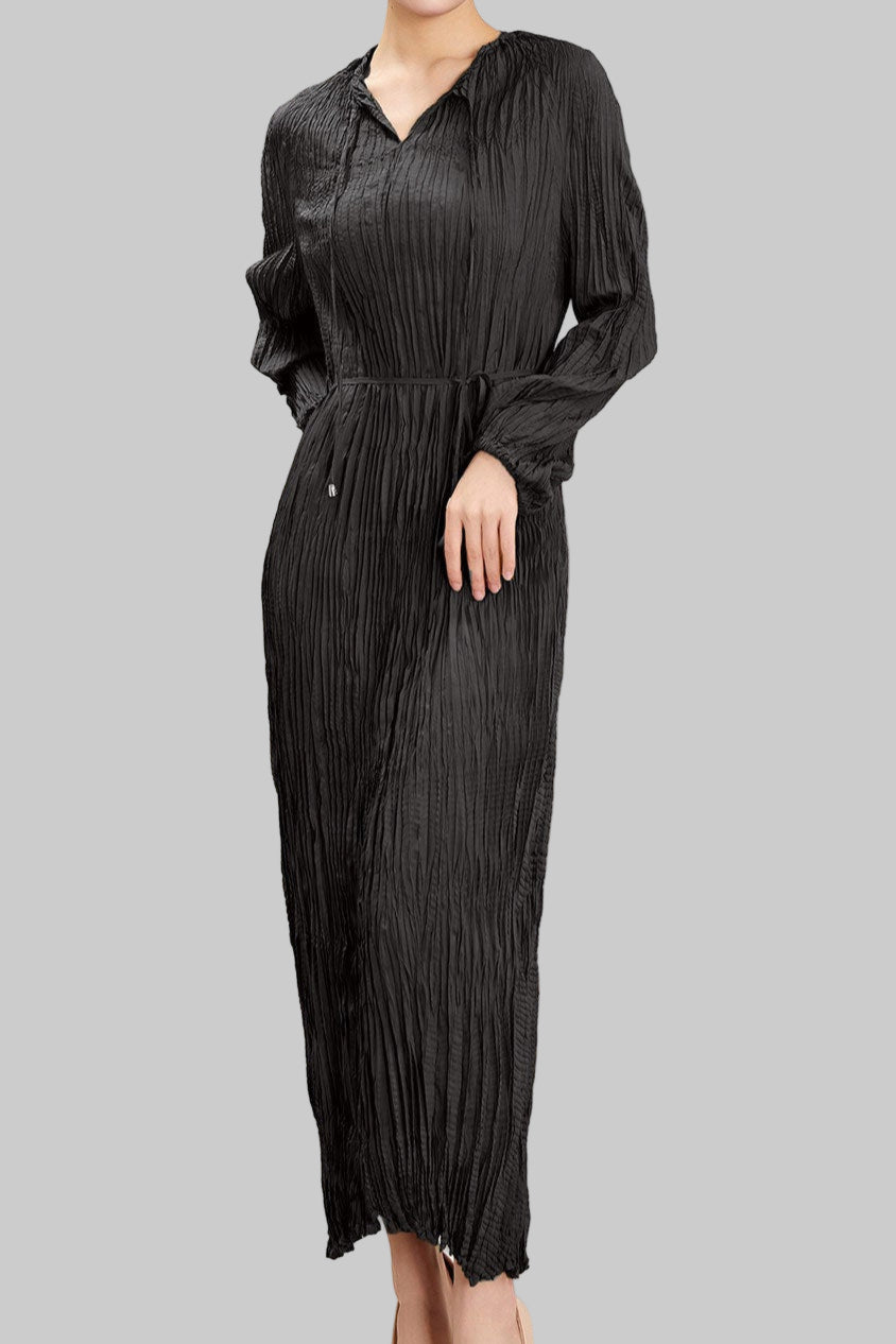 Pleats Please Irregular Pleated Dress – Long-Sleeve Cinched-Waist Elegant Style
