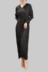 Pleats Art Style Pleated Dress – Irregular Long Sleeve Cinched Waist